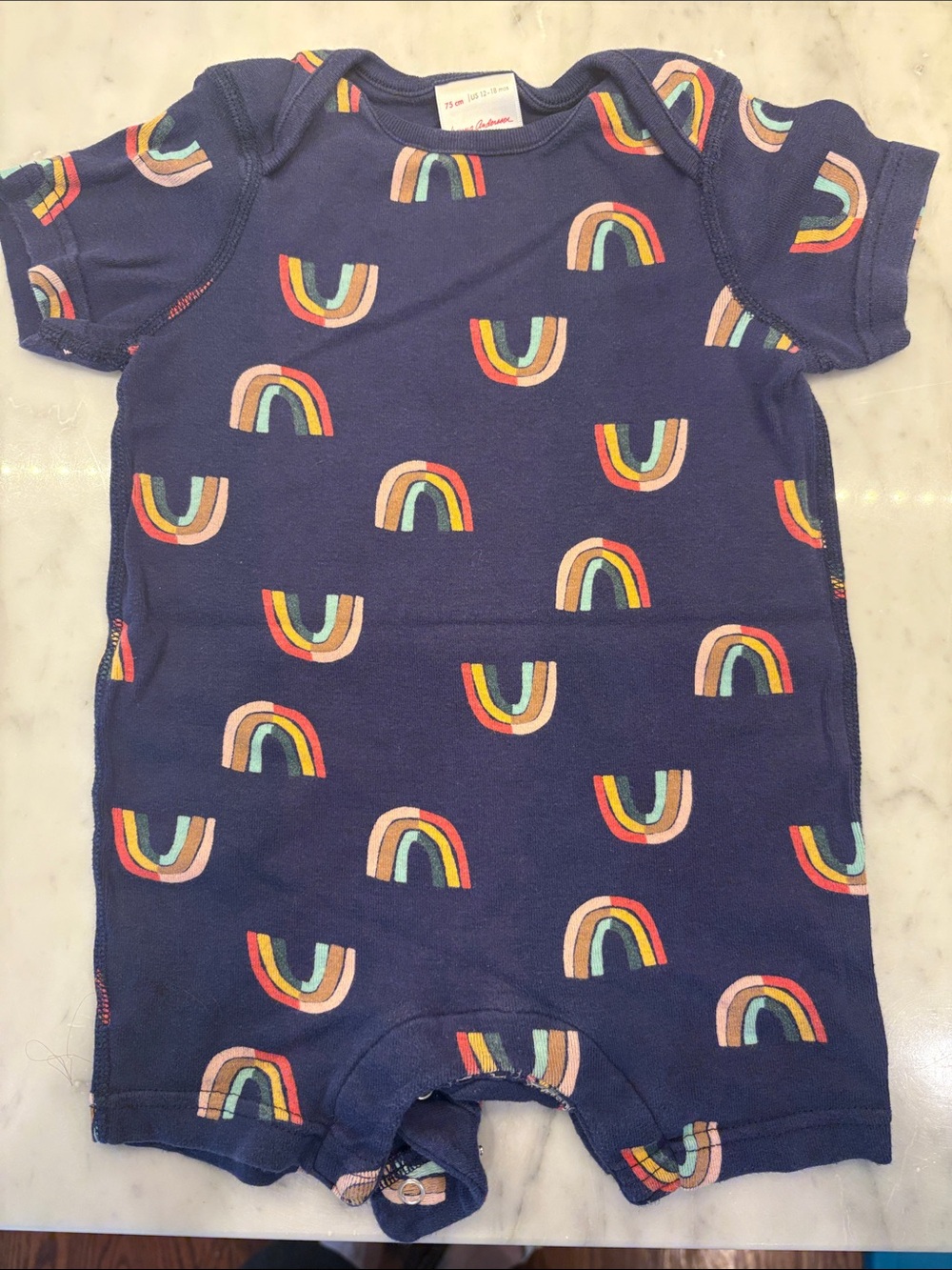 Hanna Andersson Navy Rainbow Short Sleeve Baby Romper, 12-18 months